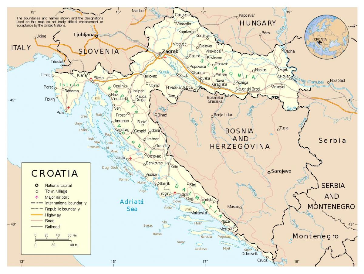 карта на Хърватия с градовете