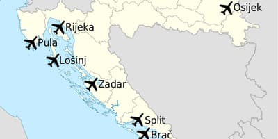 Карта на Хърватия с участието на летища